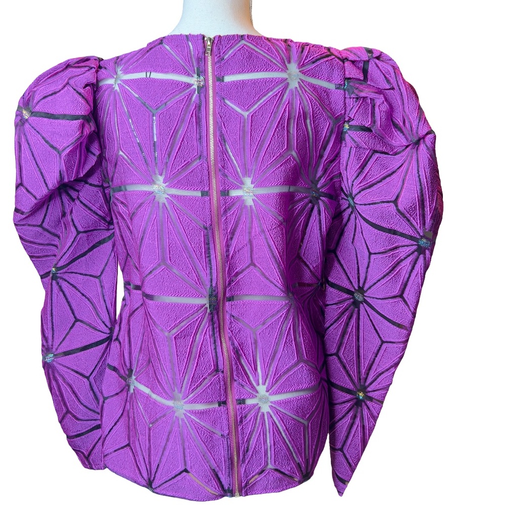 #A247 NANCY COCKTAIL CHIC PURPLE GEOMETRIC RUNWAY INSPIRED PUFF SLEEVE TOP NWT L - Picture 4 of 10